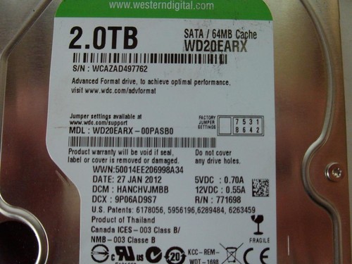 Western Digital WD20EARX-00PASB0 2TB 7.2K 6Gb/s 3.5" SATA Hard Drive (V2166) - Picture 3 of 3