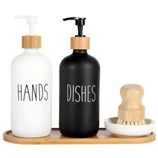 Hand and Dish Soap Dispenser Set with Bamboo Tall Tray for Kitchen Bathroom