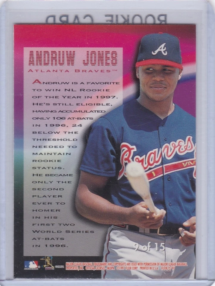 Tarjeta de novato Andruw Jones 1997 Fleer NUEVO HORIZON INSERT RC Atlanta Brave Baseball Foto 2 de 2