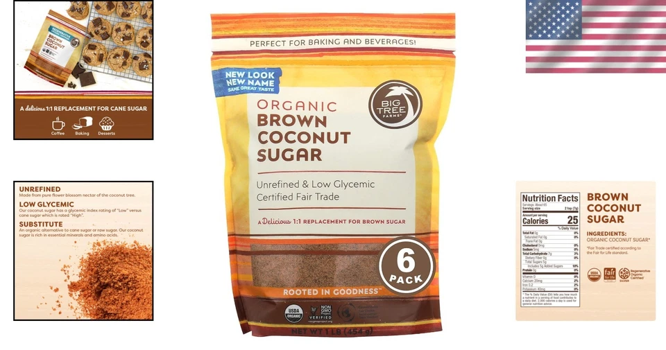 Adoçante de flor de coco não refinado - Substituto orgânico de açúcar mascavo, 6 x 16 oz - Imagem 2 de 4