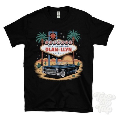 GLAN-LLYN LAS VEGAS SIGN PARODY FUNNY T-SHIRT denbighshire cwm wales