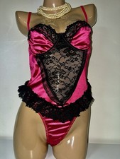 Vtg Style Frilly Black Lace Burgundy Satin Teddy Bodysuit Sissy Lingerie L NEW