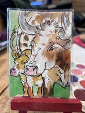 ACEO Art Card quadro originale tecnica mista toro mucca vitello 