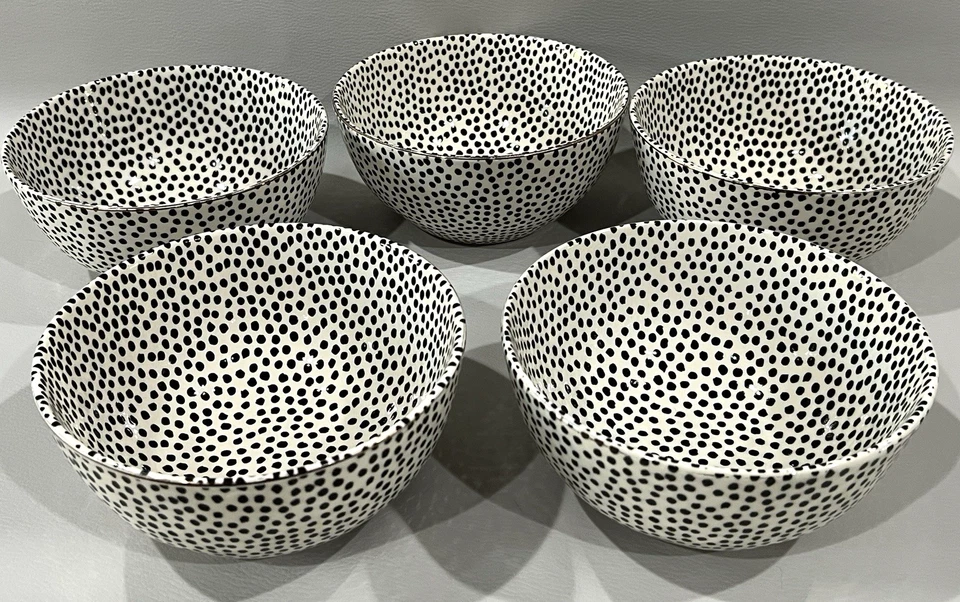 Thyme & Table Dot Soup Bowls-Black & Off White-Ceramic w/Gold Rim-Set of 5 - Image 2 of 4