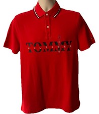 NWT TOMMY HILFIGER M Red Spell-Out Flag Logo Custom Fit Pique Polo MSRP 69.50