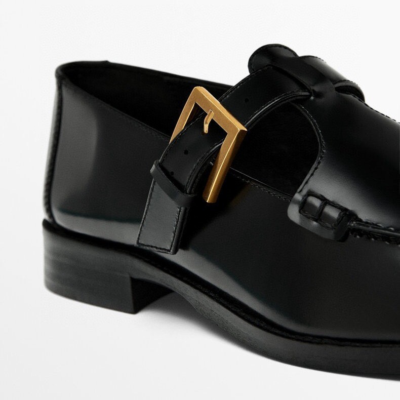 Massimo Dutti スクエアトウ ローファー Massimo Dutti Women's Leather Black Square Toe Flat Vintage