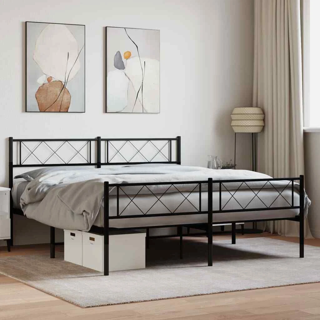 Metal Bed Frame with Headboard and Footboard Black 5FT King Size