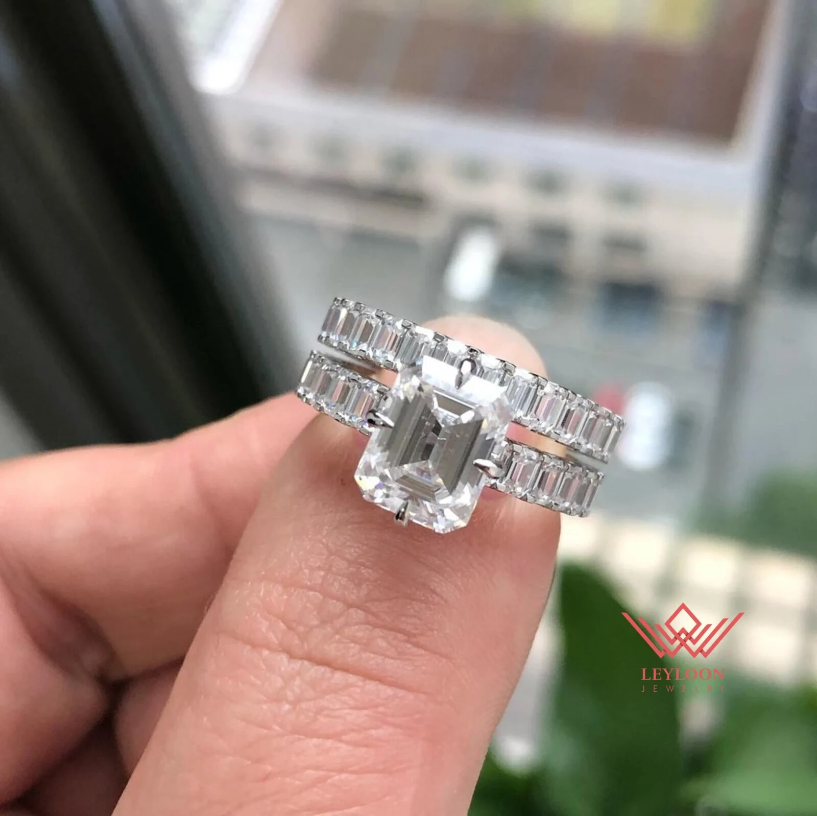 Emerald Cut D Color Subtle Halo 14K  White Gold Two Piece Bridal Moissanite Set