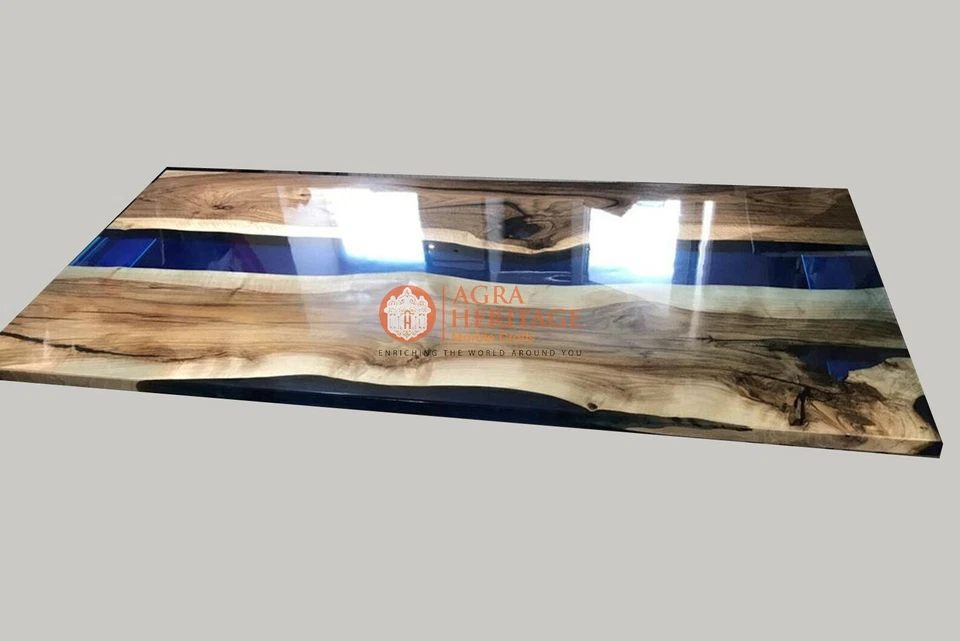 Deep Blue Resin River Acacia Wooden Sofa Center Dining Table Top Furniture Decor - Image 2 of 4