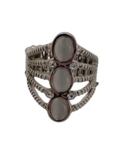Silver-Tone Statement Ring With 3 Oval White Stones and Adjustable Stretch Band