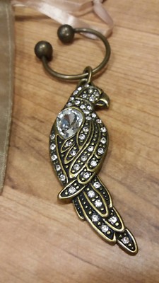 CHICO'S 2010 Parrot Signed Key Chain or Scarf Ring - Antique Brass Rhinestones