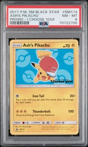 2017 Pokemon S&M Black Star Promo ASH'S PIKACHU I Choose You! Card SM114 PSA 8