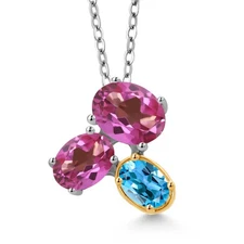 925 Silver and 10K Yellow Gold Pink Mystic Topaz and Swiss Blue Topaz Pendant