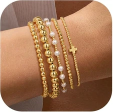 Yoosteel Gold Beaded Bracelets Set for Women, 14K Gold Plated Dainty Round Bead