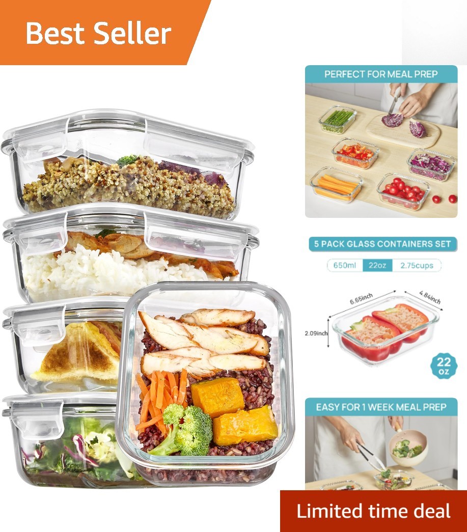 5-Pack 22oz Glass Meal Prep Containers with Snap Airtight Lids - Grey Elegance