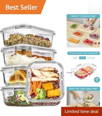 5-Pack 22oz Glass Meal Prep Containers with Snap Airtight Lids - Grey Elegance