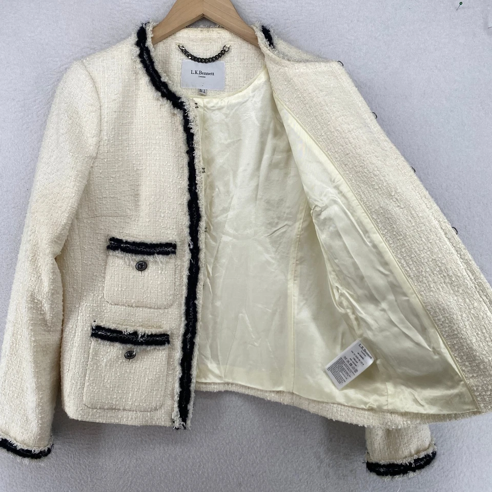Chaqueta LK BENNETT 8 Charlee Tweed Boucle Forrada Borde Mezcla de Algodón Blanca Foto 2 de 4