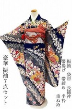 Furisode Kimono Set with Bag Obi Accessories, Floral Pattern, Used