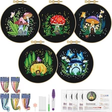 ERKOON 5 Sets Embroidery Kit for Beginners, Art Craft Handy Black-Mushrooms 