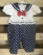 Vintage 1980s Girls Sailor Bubble Romper Navy Striped Size 6-9M 100 Cotton