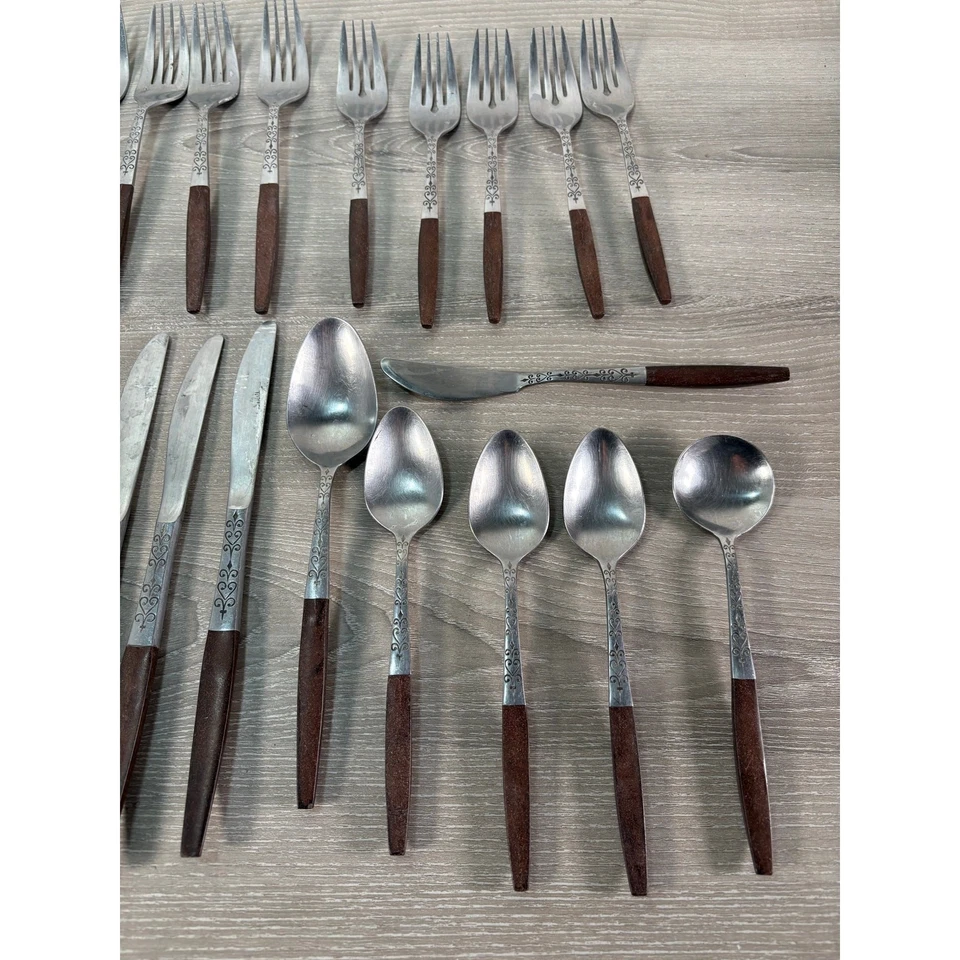 Juego de cubiertos de acero inoxidable Interpur - Mango de madera - 24 piezas - Vintage mediados de siglo Foto 2 de 4