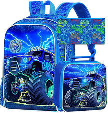 3Pcs Truck Backpack for Boys, 16" Cars Kids Water Resistant Preschool Bookbags,C