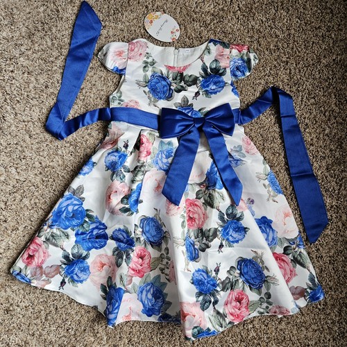 BUNNY LULU SIZE 110 (4-5yrs) LITTLE GIRLS FLOWERED DRESS (Lined) BLUE/PINK/WHITE - Afbeelding 1 van 7