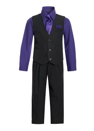 BOYS STRIPED FORMAL VEST 5PC SET VEST-PANT SHIRT TIE POCKET SQ V-1288 - Picture 8 of 15