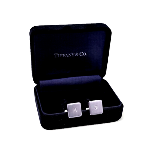 TIFFANY & CO. 18K Matte White Gold & Diamond 1/2 x 1/2 inch Cufflinks w Box