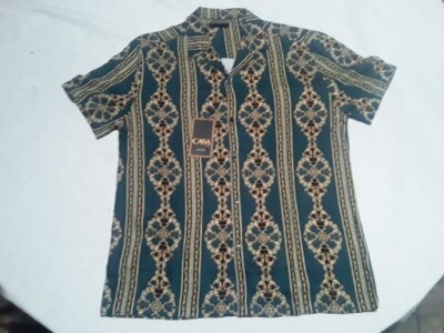 NEW CASA MODA COUTURE RAYON  BAROQUE BUTTON UP SHORT SLEEVE SHIRT GOLD - medium 