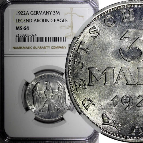 Germany,Weimar Republic 1922 A 3 Mark NGC MS64 LEGEND AROUND EAGLE KM# 29 (024)