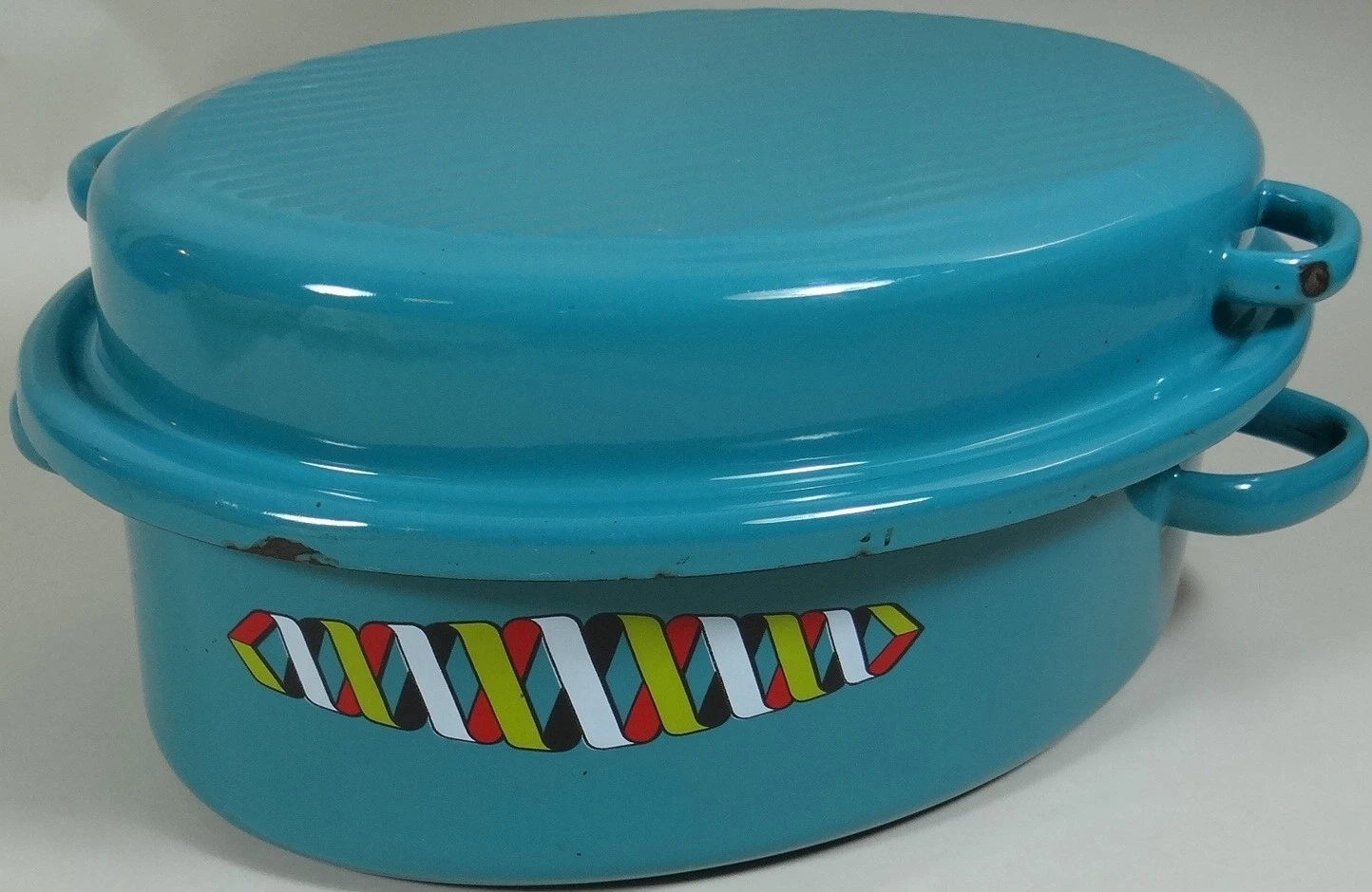 Antique Vintage Enamelware Roaster Turkey Meat Pan Dutch Oven Turquoise Art Deco