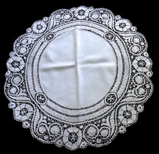 Vintage Cluny Lace  Linen Tablecloth Table Topper 45" dia, Bobbin Lace 11" Wide