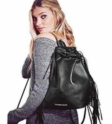 Victoria\'s Secret Fashion Show 2015 Faux Black Leather Drawstring Bag w Fringe Victoria main image 2