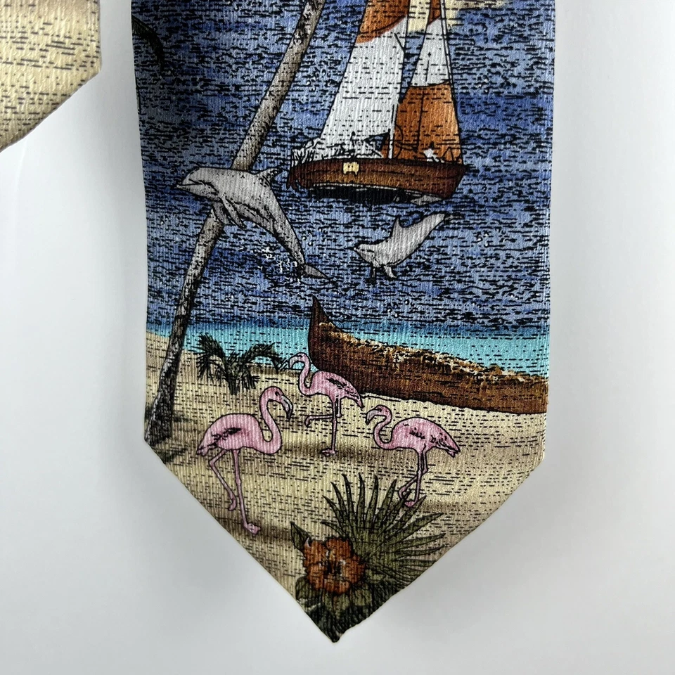 Corbata de seda vintage Tropicals by Tango playa hawaiana flamenco palmera Foto 3 de 4