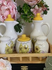 Vintage Ceramic Sunflowers Salt Pepper Vinegar Oil Set Cruet Set Wooden Caddy