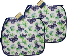 Set of 2 Same Thin Cushion Chair Pads with blue ties. BUTTERFLIES & LEAVES #1,GR