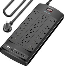 18 Outlets Surge Protector Power Strip 4 USB Ports 10' Feet Flat Plug Heavy Duty