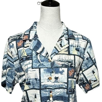 Nautical Lighthouse Sailboat Shirt Top Womens Large Short Sleeve Button Up NEW