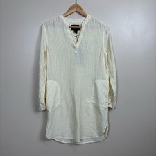 Tahari Dress Womens XS Yellow White Stripe 100% Linen Roll Tab Pockets V Neck