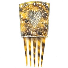 Antique Art Deco faux tortoiseshell celluloid rhinestones heart floral hair comb