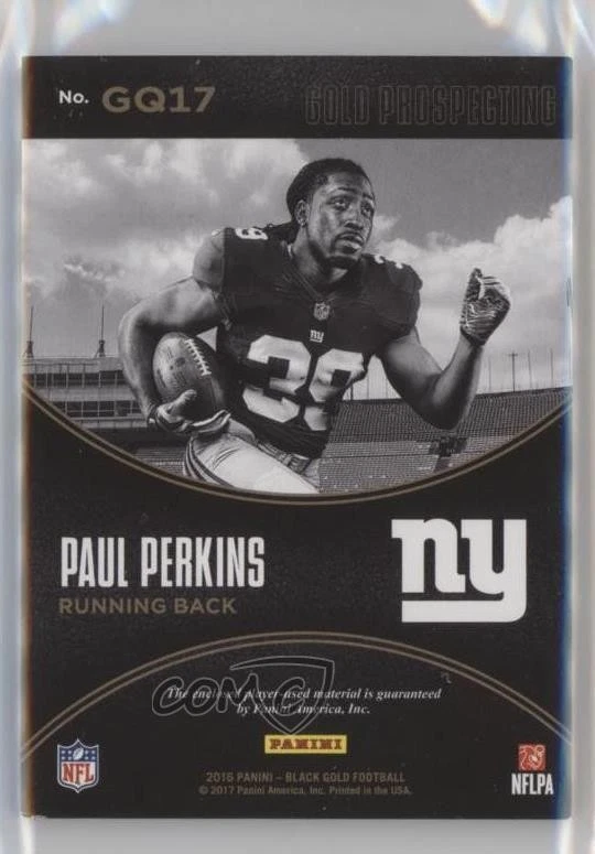 2016 Panini Black Gold White Prime /50 Paul Perkins #GQ17 Rookie RC - Image 2 of 2