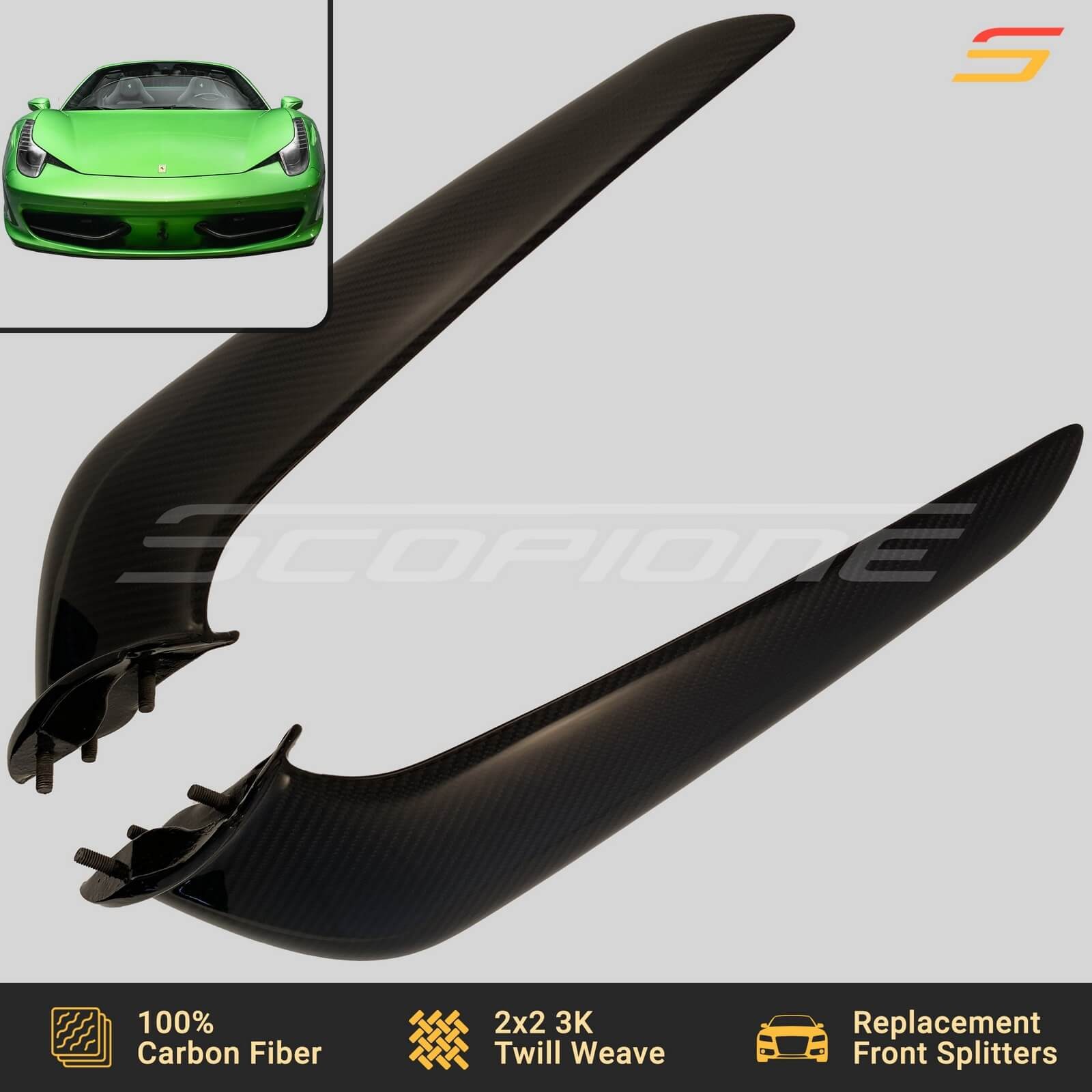 Scopione Carbon Fiber Front Bumper Splitters Wings for Ferrari 458 Italia Spider