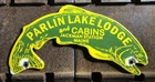 VINTAGE 1953 DATED PARLIN LAKE LODGE CABINS PORCELAIN SIGN MAINE CAMPING FISHING