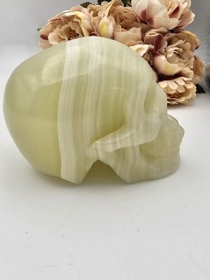 X großer grün gebänderter Calcit Schädel Kristallschnitzerei 637g 9cm Viel Glück, Glück 