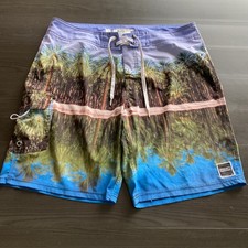 Ezekiel Board Shorts Size 36 Mens Palm Tree Mirror Print Beach Surf Stretch Blue
