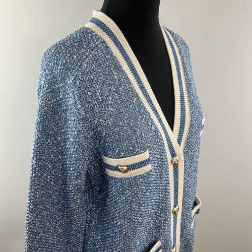 Cárdigan MAJE Azul Boucle Metálico Tweed Cuello en V Botón Frontal Tejido Suéter Talla 2 - Imagen 6 de 11