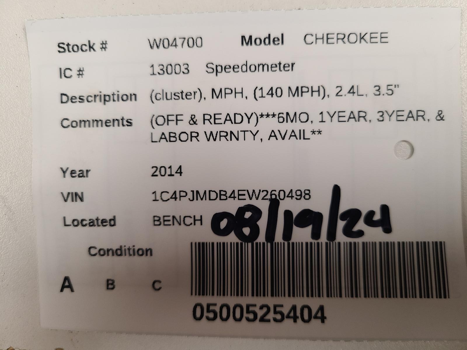 Used Speedometer Gauge fits: 2014 Jeep Cherokee cluster MPH 140 MPH 2.4L 3.5`` d