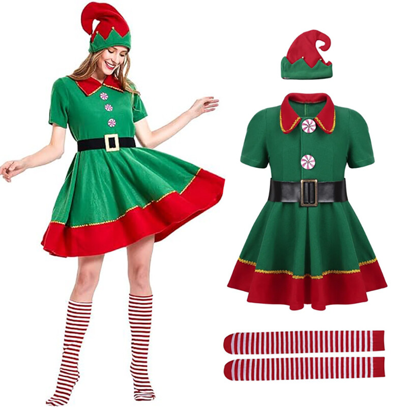 Ladies Elf Costume 4Pcs Adult Christmas Fancy Dress Santa's Helper
