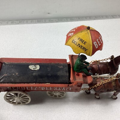 Vintage Schultz' Beer Ale Cast Iron Horse Drawn Wagon 26 Barrels